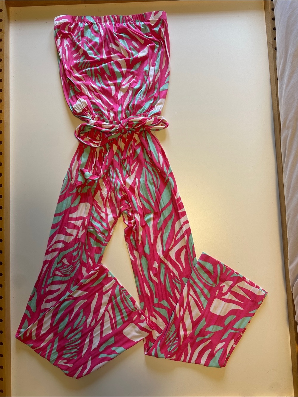 Strapless Pink & Mint Printed Wide-Leg Jumpsuit with Waist Tie